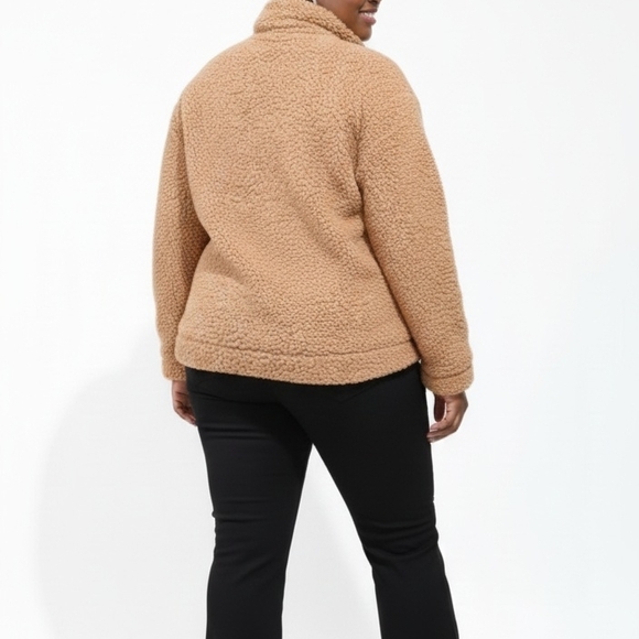 Tan Faux Fur Zip-Up Mock Neck Jacket with Pockets Size-M - Picture 2 of 5